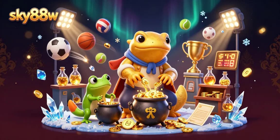 Experience sky88w's thrill with a golden alchemist transmuting coins in a lively casino scene.