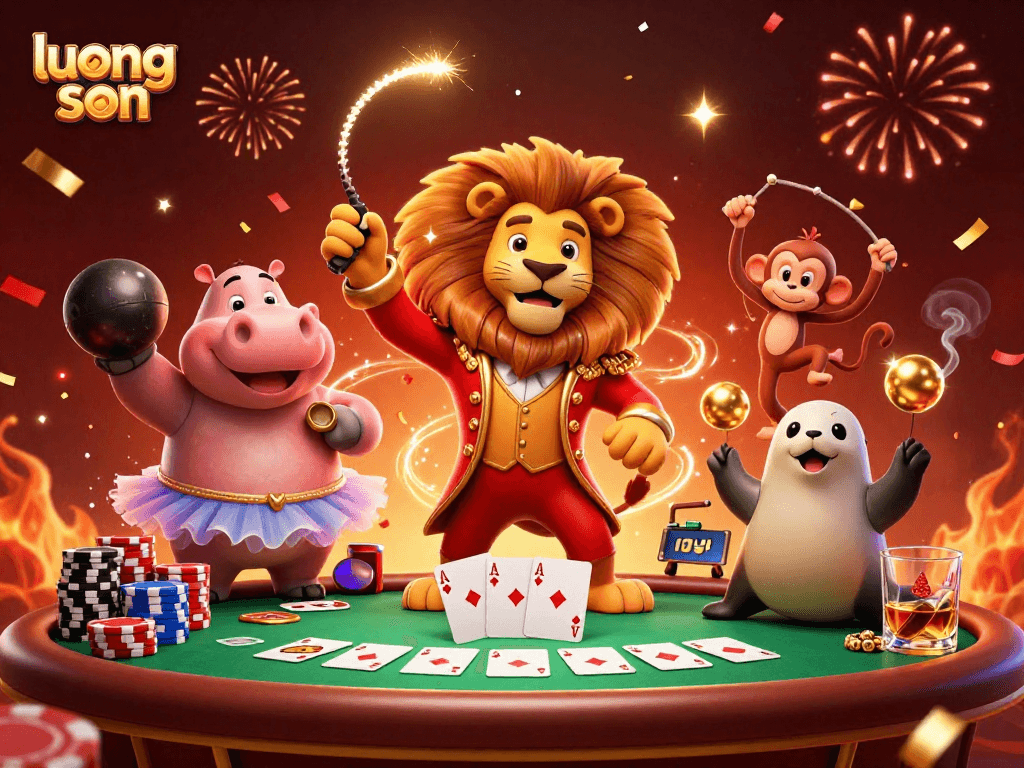 Experience thrilling gameplay with luong son as colorful characters celebrate on a dynamic poker scene.