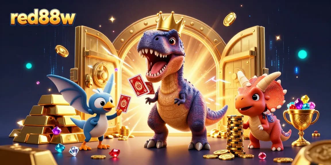 Engage with red88w's thrilling gameplay as a cartoon T-Rex and friends shuffle cards and stack chips.