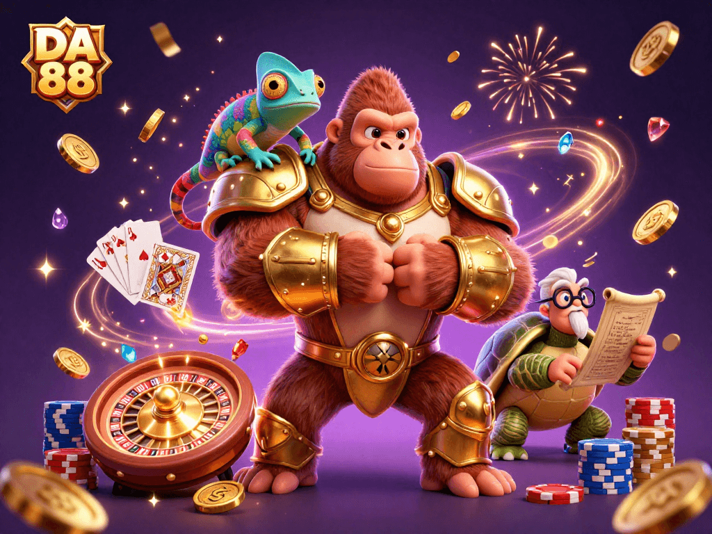 Experience DA 88 excitement with a gorilla king and colorful casino elements in vibrant 3D illustration.