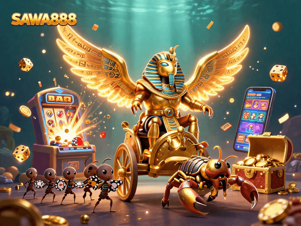 Engage with SAWA888 while exploring vibrant casinos, golden treasures, and animated slot adventures.