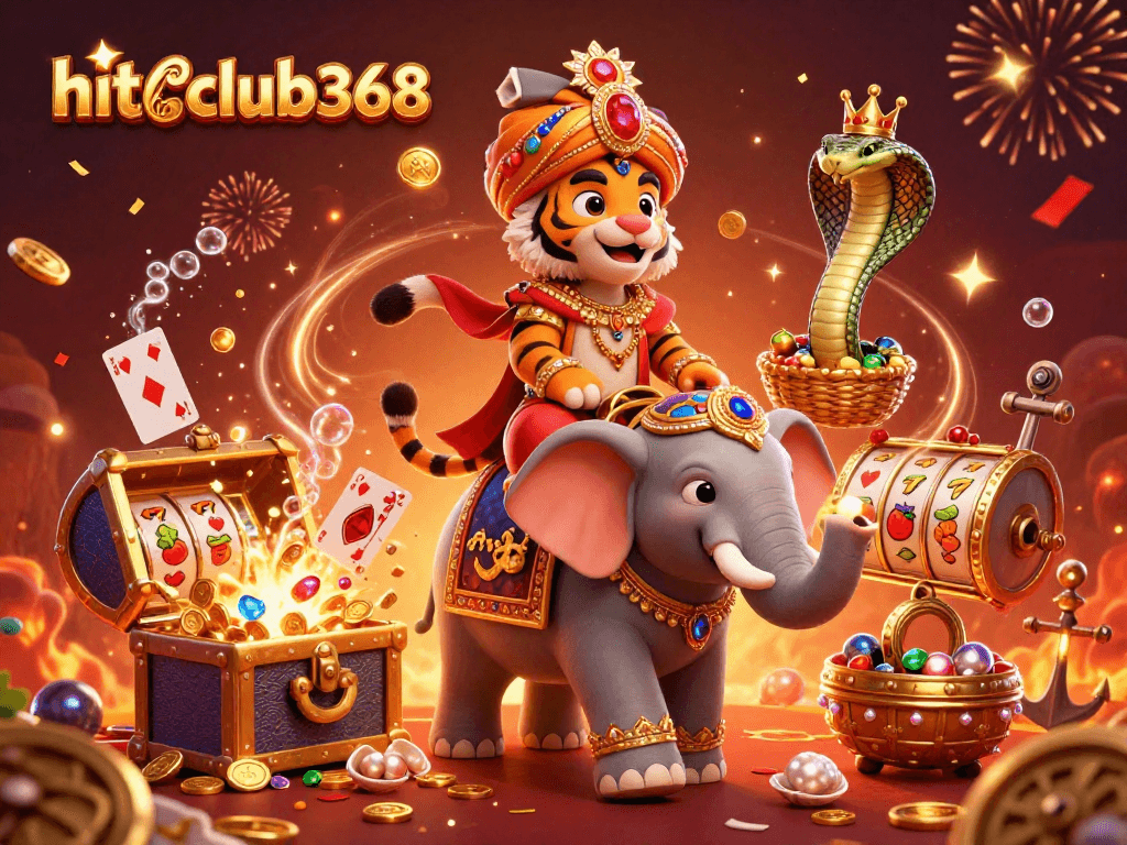 Experience thrilling wins with hitclub368's vibrant 3D casino adventure illustration, featuring a treasure-filled game scene.