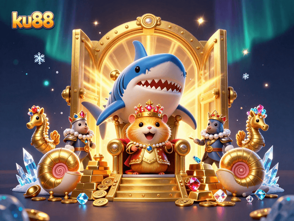 Bet on treasures at ku88 with a fierce golden hamster king and seahorse guards in a vibrant casino scene.