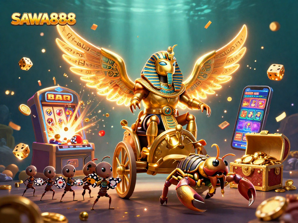 Engage with SAWA888 while exploring vibrant casinos, golden treasures, and animated slot adventures.