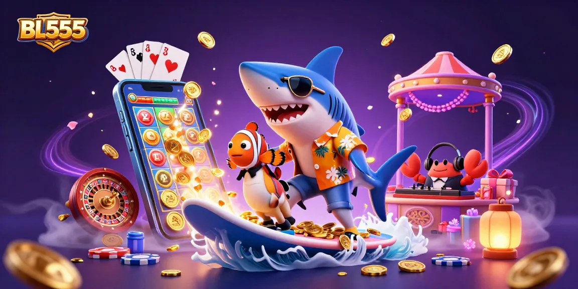 Experience thrilling gaming with BL555, featuring a shark and characters in a vibrant casino scene.
