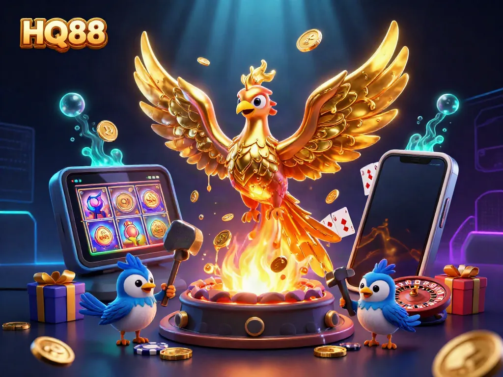 Experience thrilling gaming at HQ88 with a molten gold phoenix symbolizing wealth and excitement