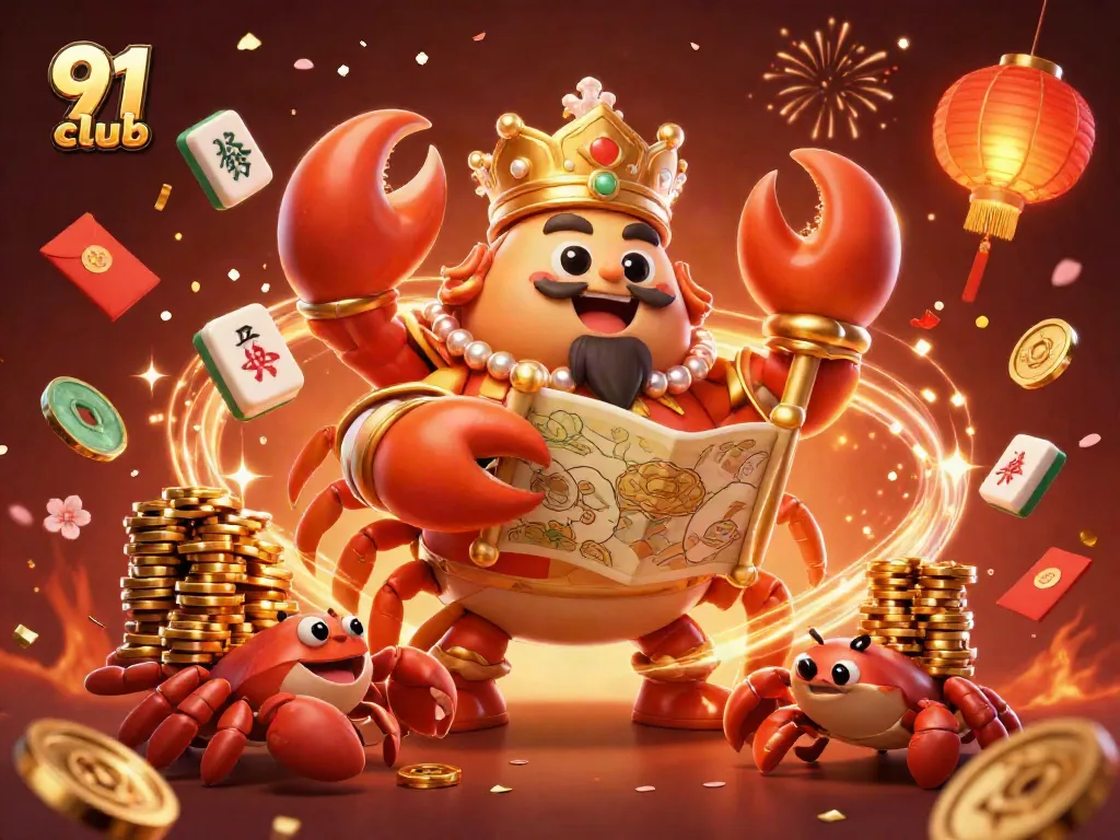 Engage with 91 club in a vibrant 3D illustration showcasing golden crab emperor and immersive gaming elements.