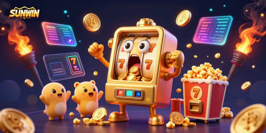 SUNWIN slot machine celebrates a jackpot with coins pouring, surrounded by vibrant casino elements.