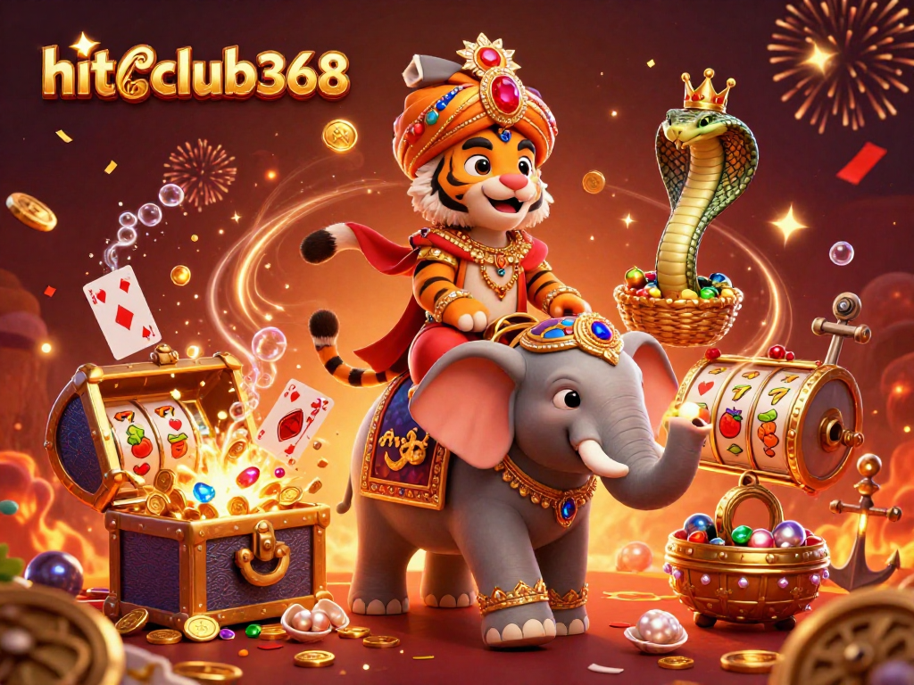 Experience thrilling wins with hitclub368's vibrant 3D casino adventure illustration, featuring a treasure-filled game scene.