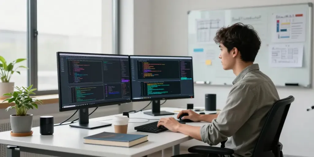 Software developer focused on instant indexing techniques in a modern workspace.