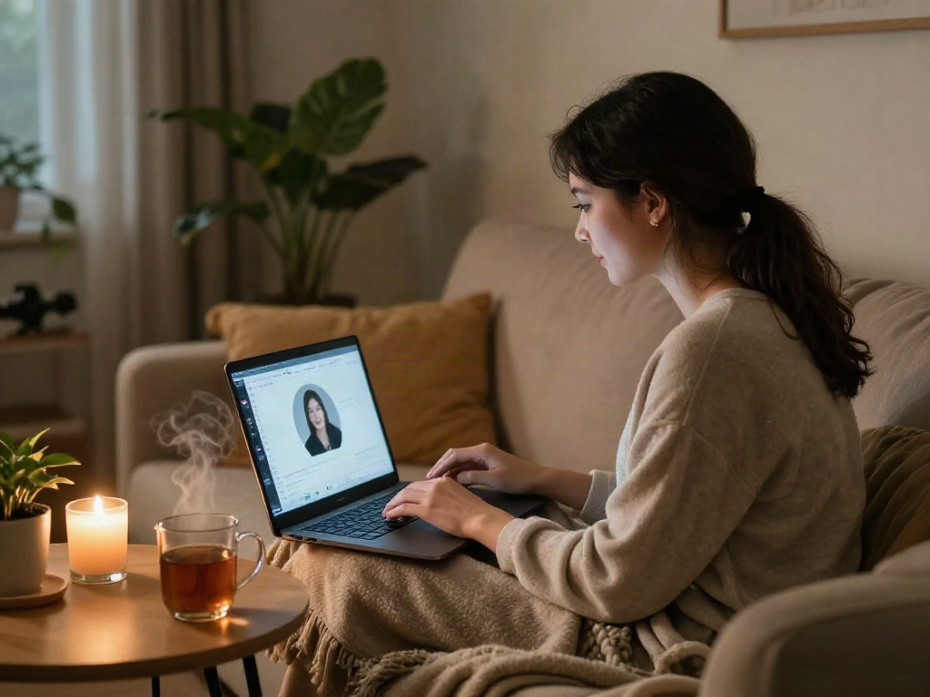 Engaging user experiencing sex chat AI interaction in a cozy home setting.