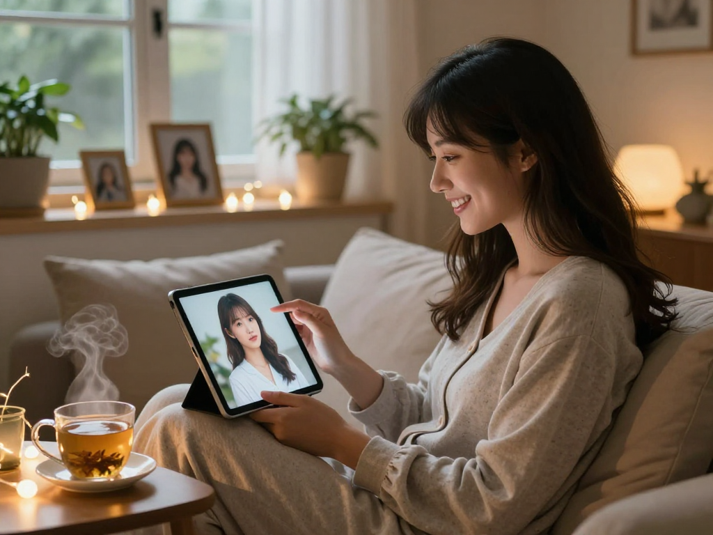 A young woman enjoying a digital chat with her AI girlfriend in a cozy home setting, surrounded by warm lighting and intimate decor.