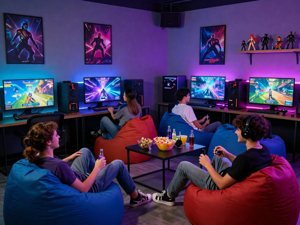 Group of friends enjoying online porn games in a vibrant gaming lounge