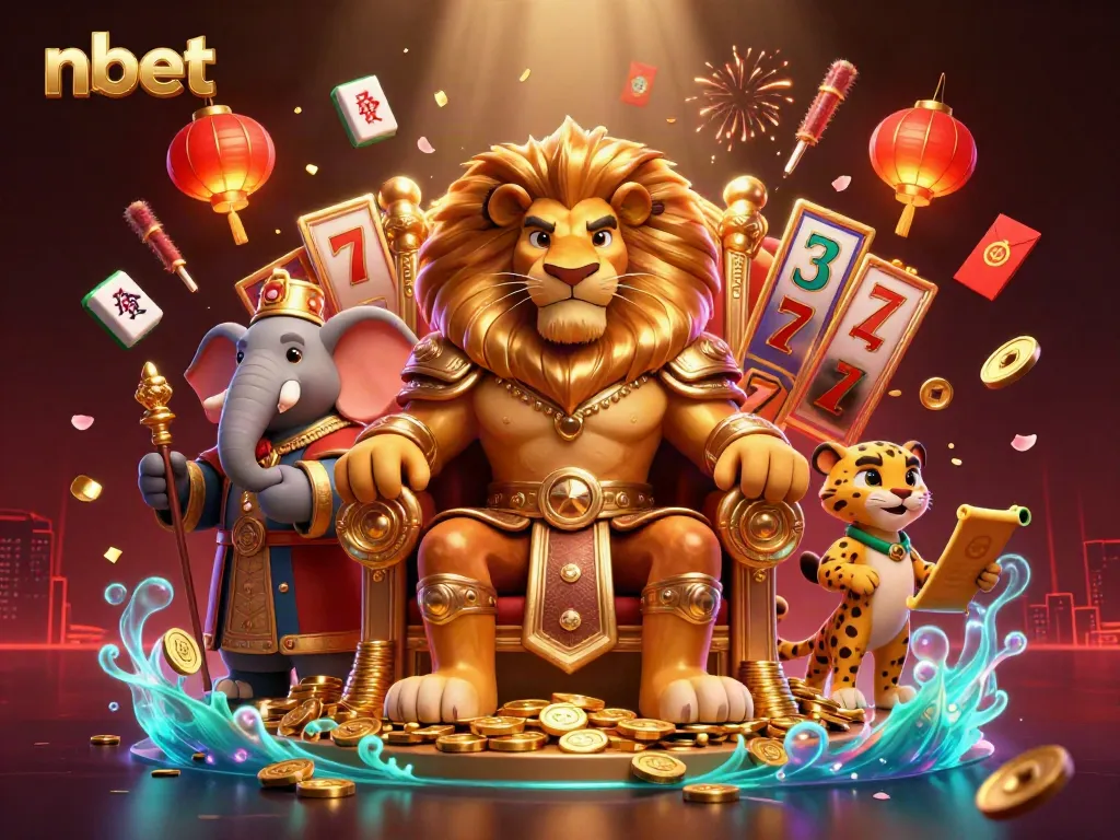 Experience the excitement of nbet with the lion king, elephant advisor, and cheetah messenger surrounded by casino elements.