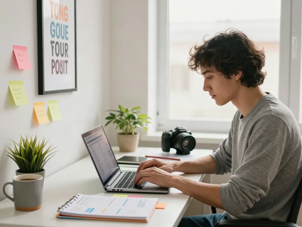 Home office scene with an individual focusing on more helpful hints while working at a clean desk