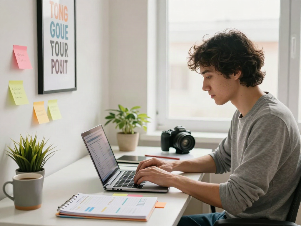 Home office scene with an individual focusing on more helpful hints while working at a clean desk
