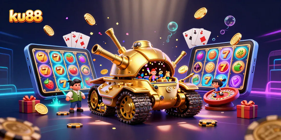 ku88's exciting golden beetle tank casino illustration showcasing vibrant slot games and rich casino atmosphere.
