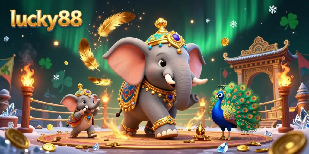 Experience the excitement of lucky88 with vibrant casino elements featuring a Diwali-themed elephant and peacock.