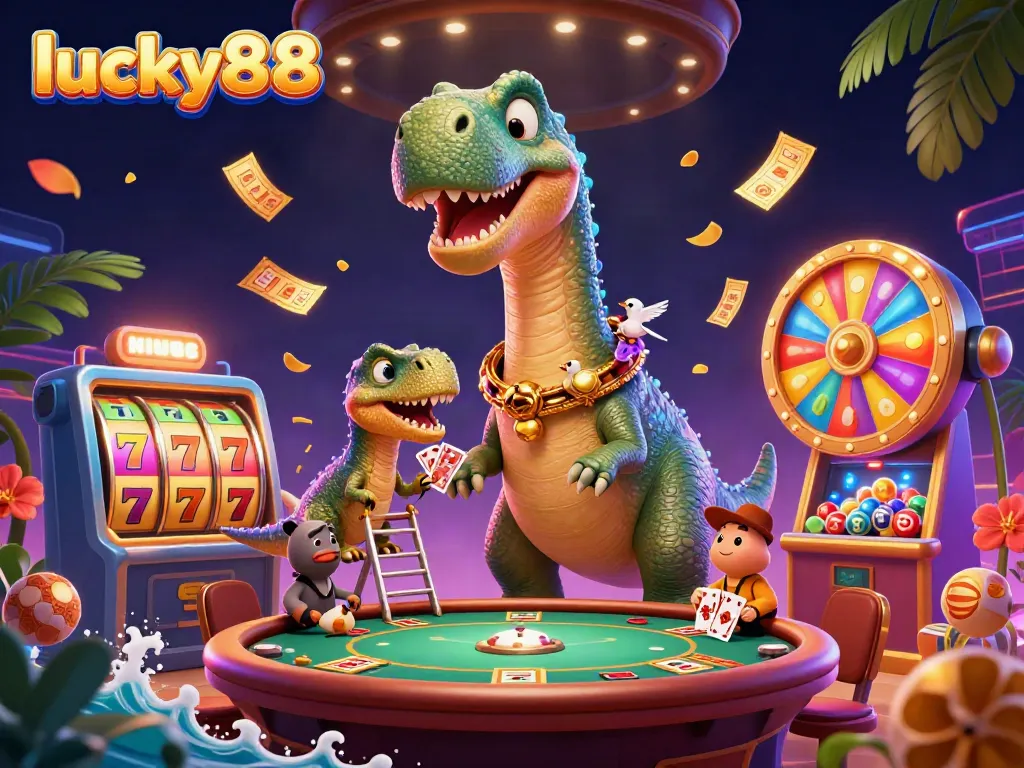 Engage with lucky88 at a vibrant casino scene featuring a towering brontosaurus and a raptor dealing cards.
