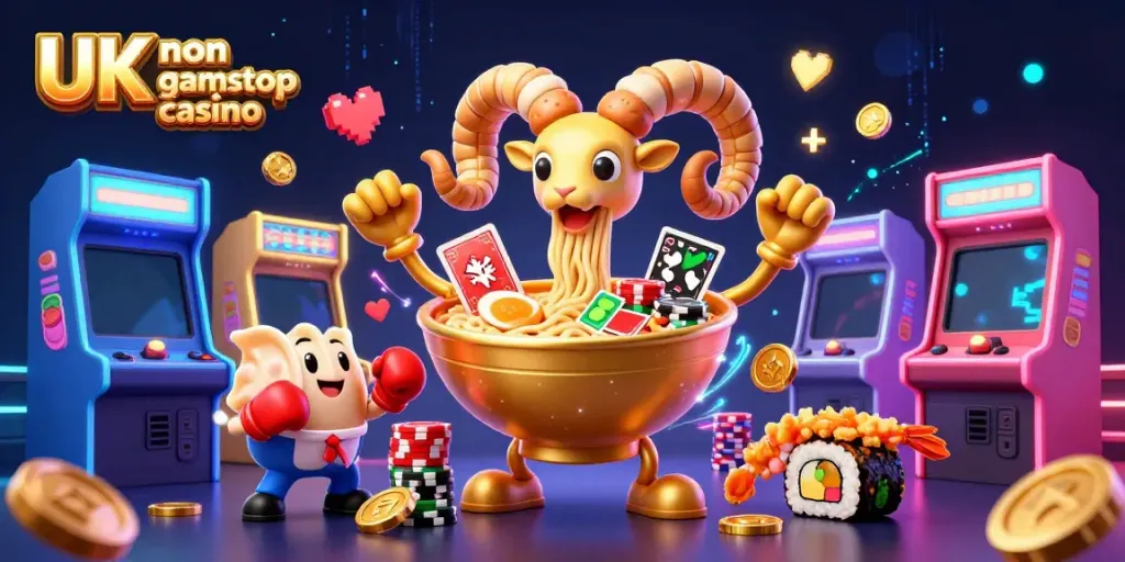 Engaging scene with a giant golden ramen bowl and casino characters representing UK non gamstop casino atmosphere.
