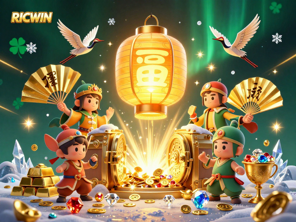 RICWIN showcases an enchanting casino scene with a golden lantern spirit and lavish treasures.