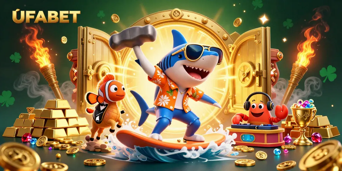 Surf the waves of fortune with UFABET, featuring playful characters amidst sparkling gold and gems.