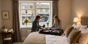 Where to stay in Skipton: Cozy room at Town House B&B with inviting decor and warm light.