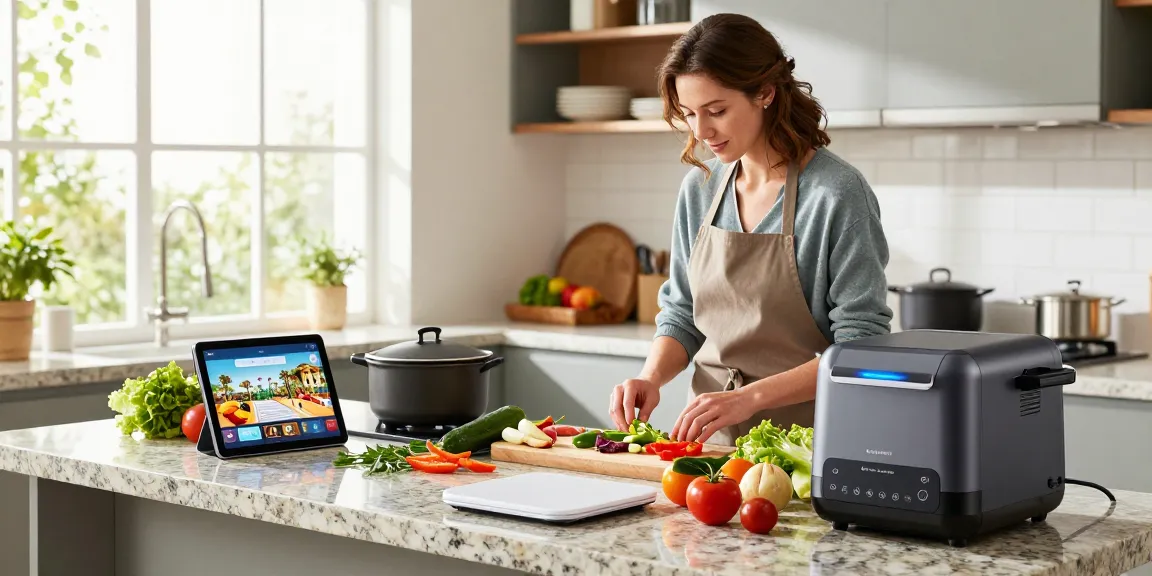 Smart kitchen gadgets in action with a home cook preparing a vibrant meal in a modern kitchen.