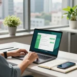 Professional using WhatsApp電腦版 on a modern workspace desk.