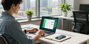 Professional using WhatsApp電腦版 on a modern workspace desk.
