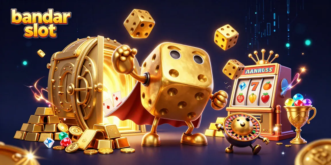 Experience the excitement of bandar slot with dynamic golden dice and jackpot reels in this colorful casino scene.