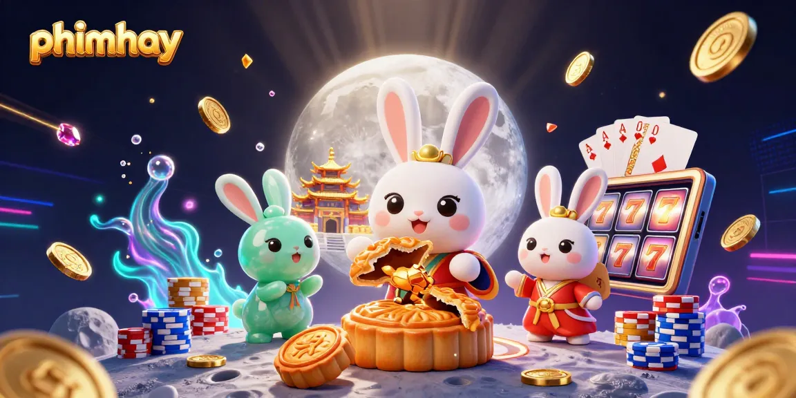 Engaging gameplay scene depicting the moon rabbit and jade companion in a vibrant casino world with phimhay elements, showcasing casino action.