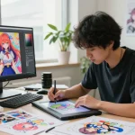 Engaging artist creating ecchi AI art in a vibrant studio, showcasing creativity.