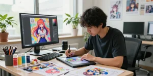 Engaging artist creating ecchi AI art in a vibrant studio, showcasing creativity.