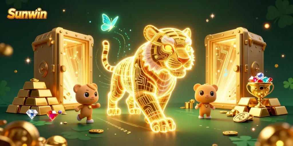 Experience the thrill of gambling with Sunwin as the golden tiger prowls through a vibrant digital casino landscape.