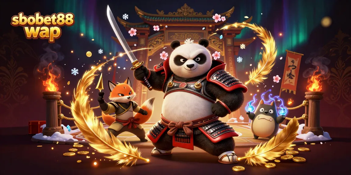 Experience sbobet88 wap betting with samurai panda and ninja fox amidst a thrilling casino scene.