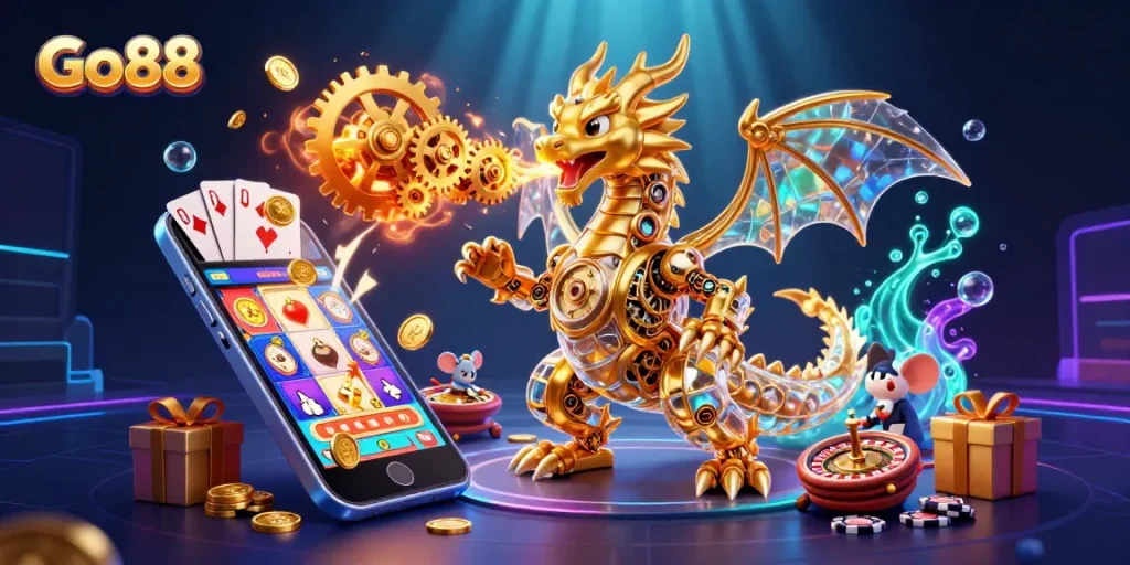 Join the excitement at Go88 with a golden dragon breathing gears amidst vibrant casino elements.