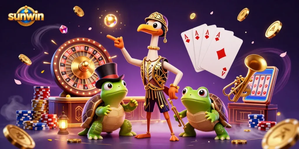 Experience the thrill of gaming at sunwin with vibrant 3D characters, sparkling slots, and lively casino elements.