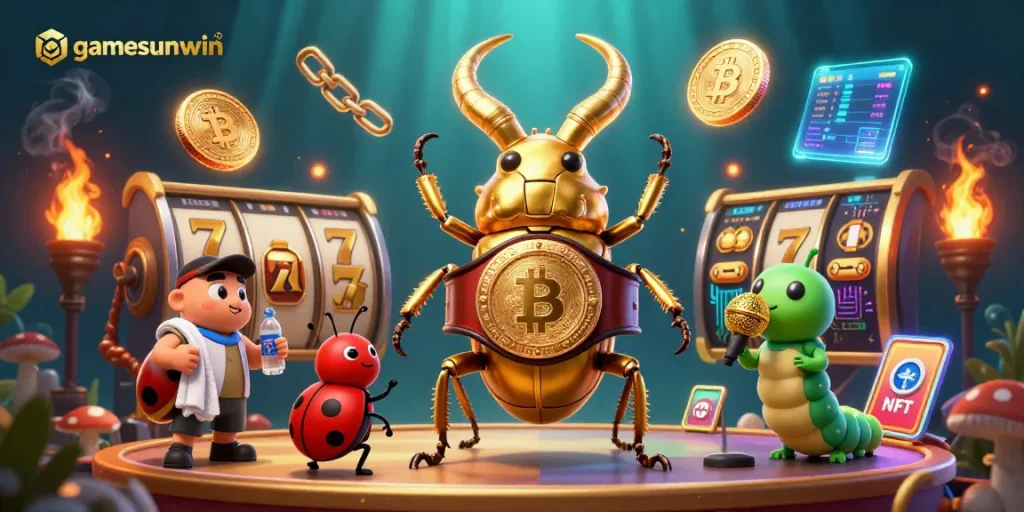 Join the gamesunwin championship match featuring a golden stag beetle and ladybug in a vibrant casino scene.