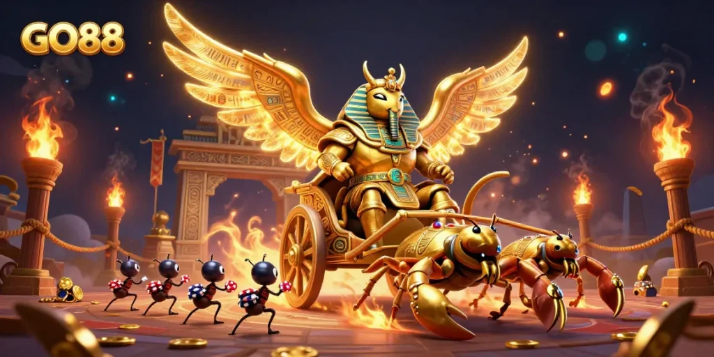 Engage with GO88's exciting gaming experience as golden scarabs and poker chips come alive.