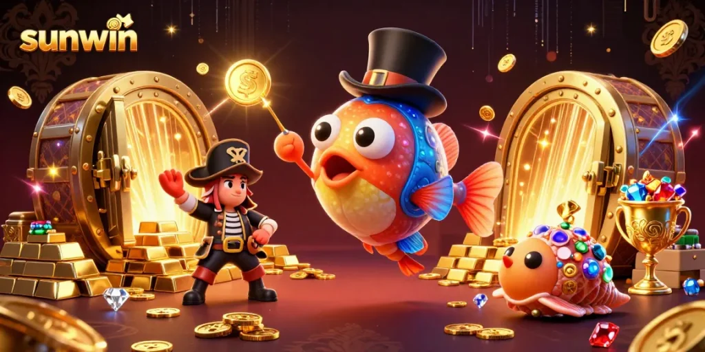 Sunwin's anglerfish attracts golden coins in a vibrant deep-sea casino adventure.