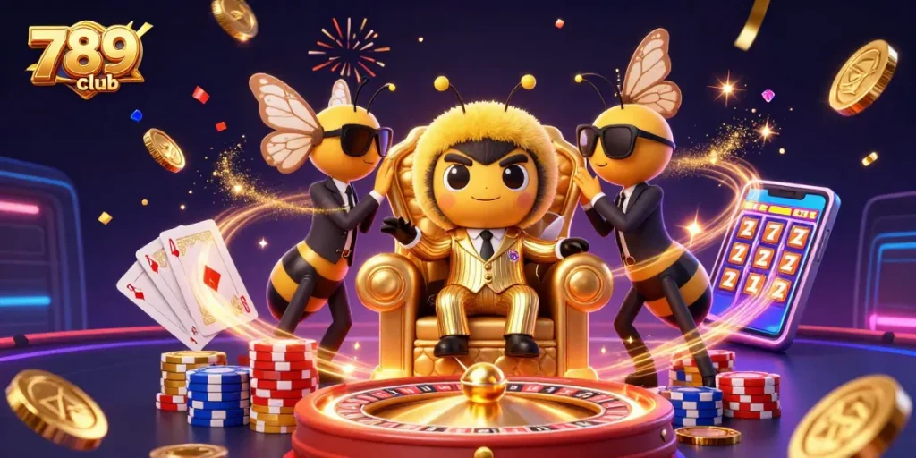 Experience thrilling gaming action with 789club's vibrant casino scene filled with sparkling gems and golden coins.