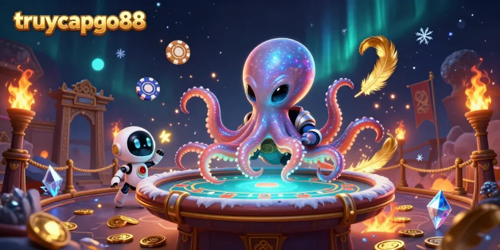 Experience the thrilling adventures of truycapgo88 in a vibrant, action-packed casino scene with futuristic characters.