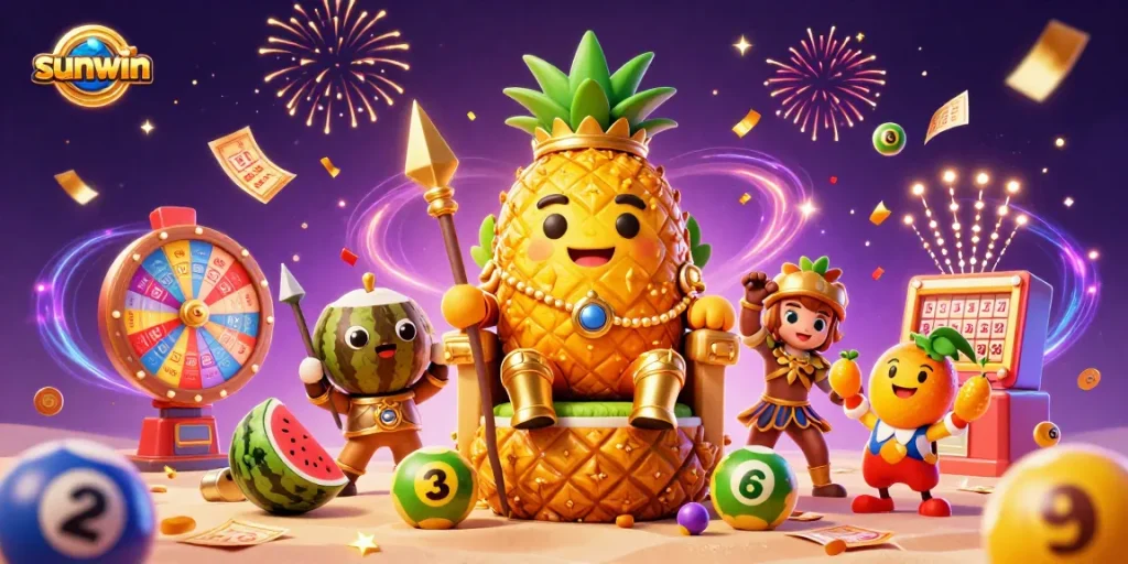 Experience high-stakes gaming at sunwin with a vibrant casino-themed 3D illustration full of exciting elements.